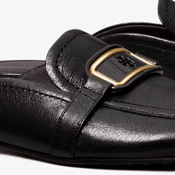 Tory Burch $298 Georgia Backless Loafer Flats Mules Black Gold Logo - Picture 9 of 9